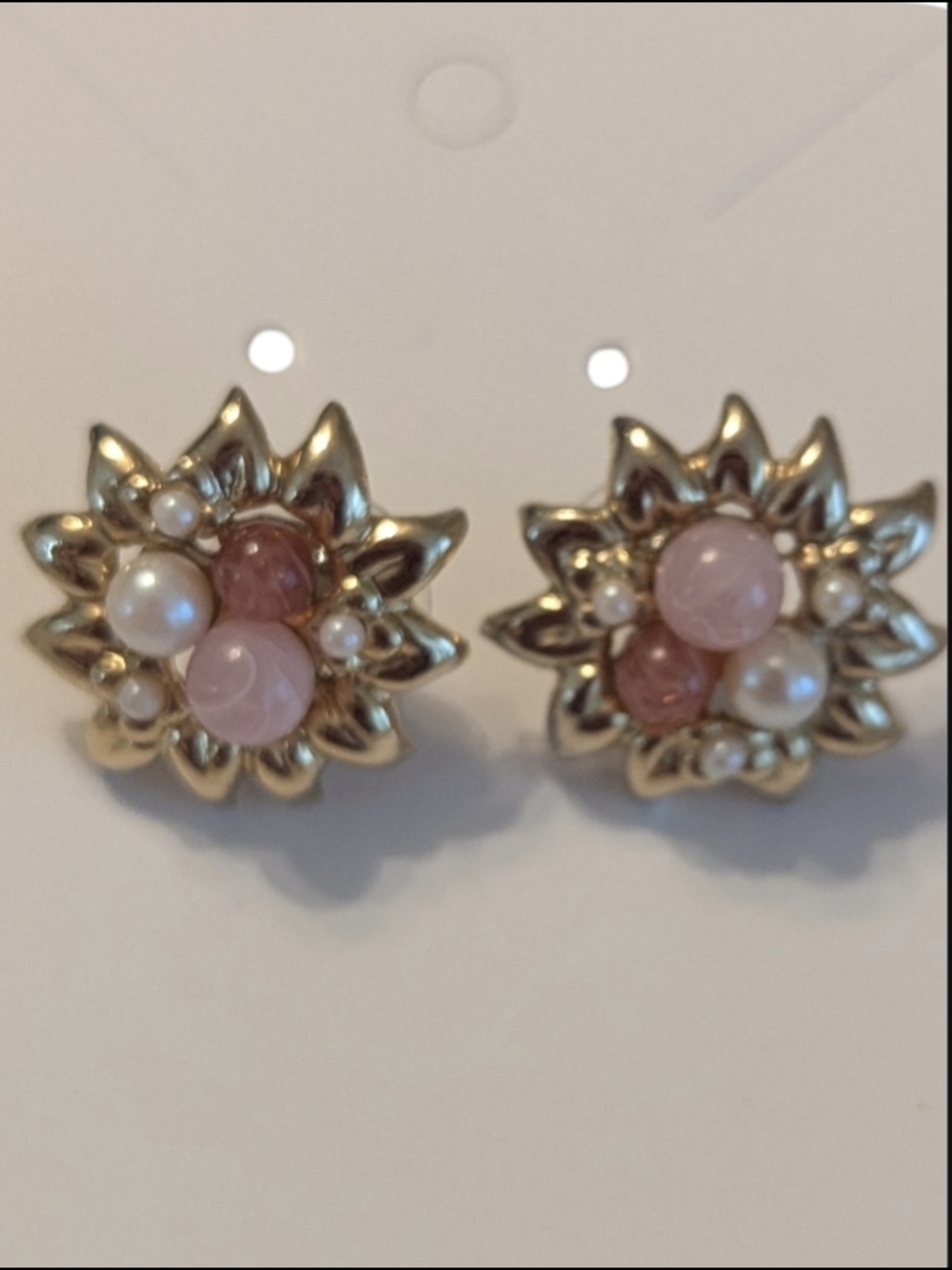 VTG 50s Floral Faux Pearls & Pink Stones Gold Tone Stud Pierced Earrings